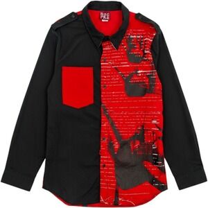 Dogpile Mens Red Black Punk Graphic Button Down Shirt Large Epaulets Raw Hem
